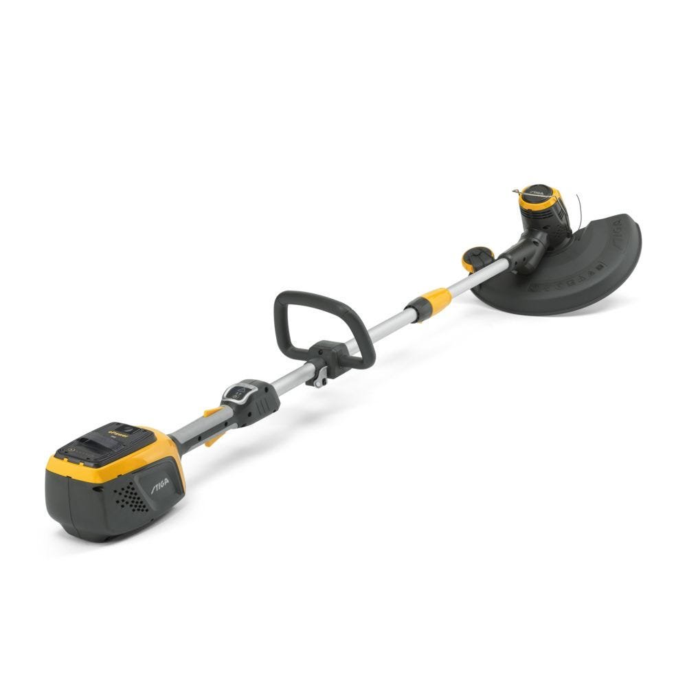 Zijaanzicht van de Stiga GT 500e accugrastrimmer op een witte achtergrond.