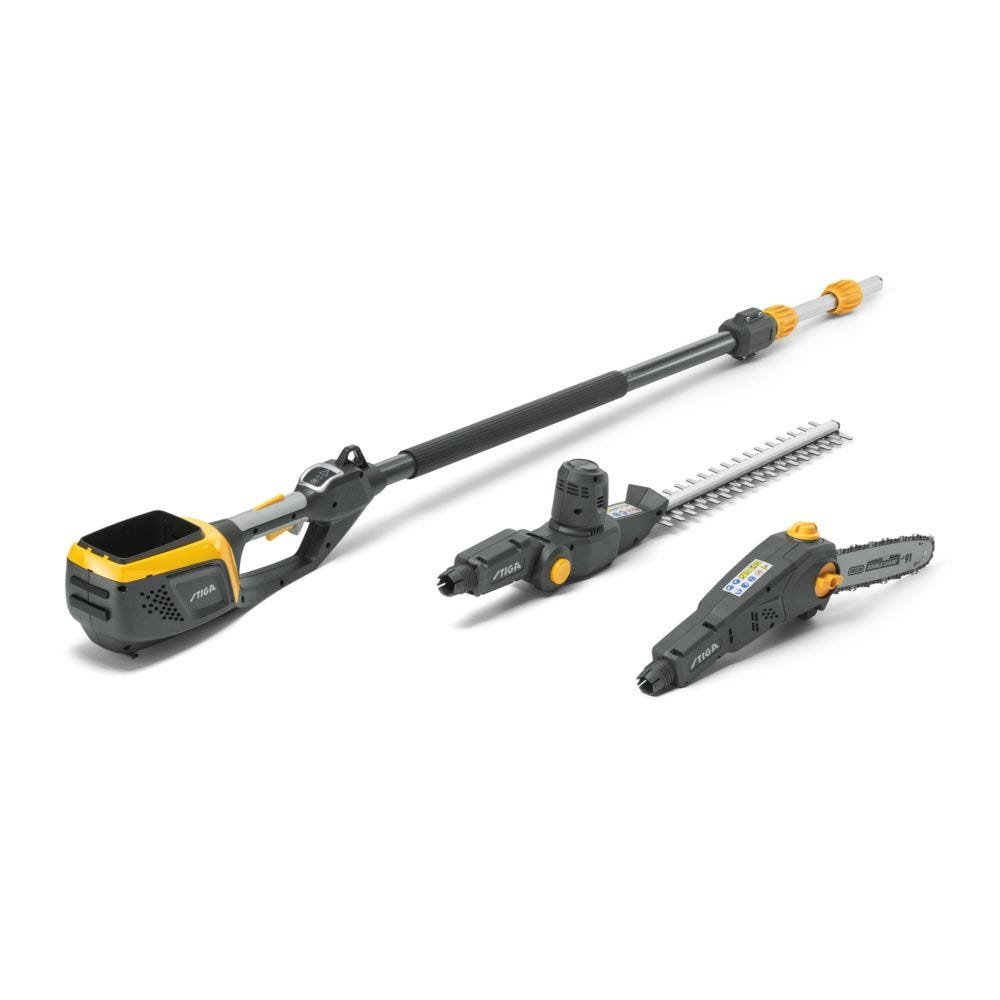 STIGA MT500e multitool set met basiseenheid, heggenschaar- en snoeizaaghulpstuk.