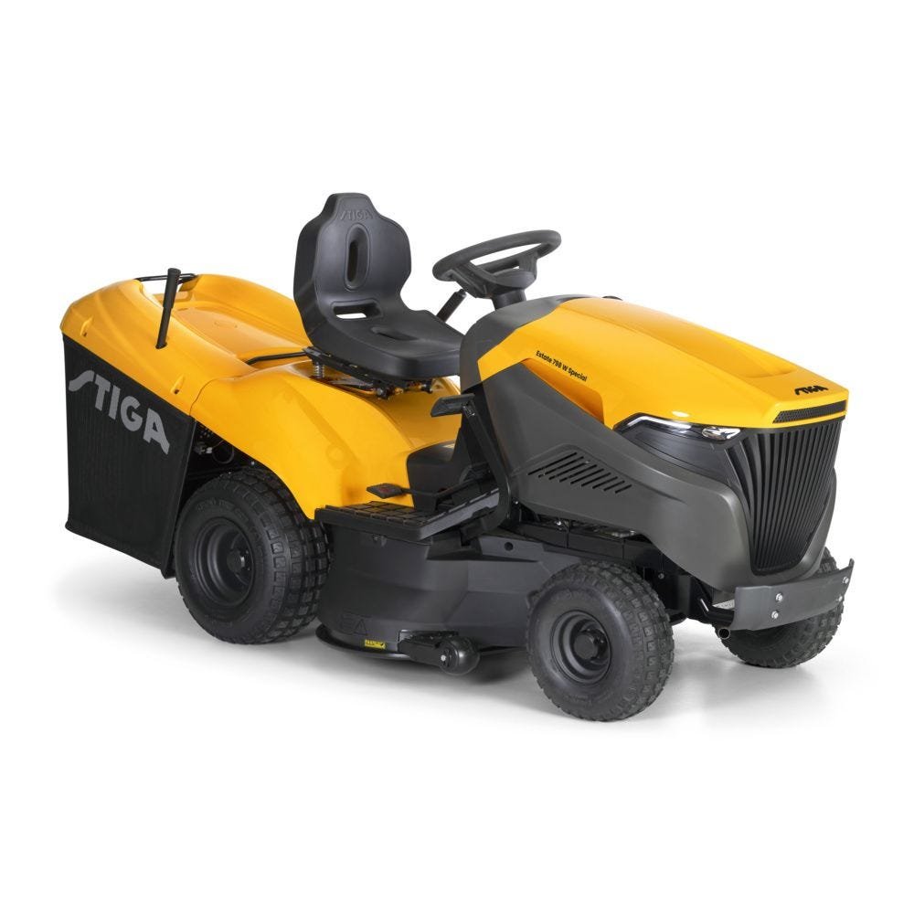 Vooraanzicht van de Stiga Estate 798 W Special zitmaaier in het geel en grijs.