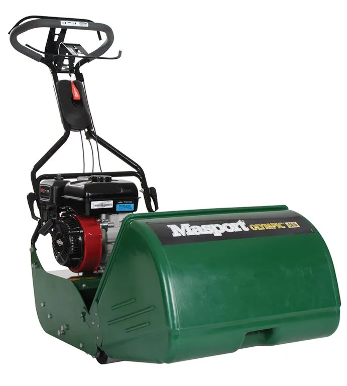 Masport 500B kooimaaier van opzij, met groene kap en Briggs & Stratton motor