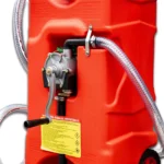 Verrijdbare tank van 60 liter met handpomp en drie meter slang, voor benzine, diesel en olie.