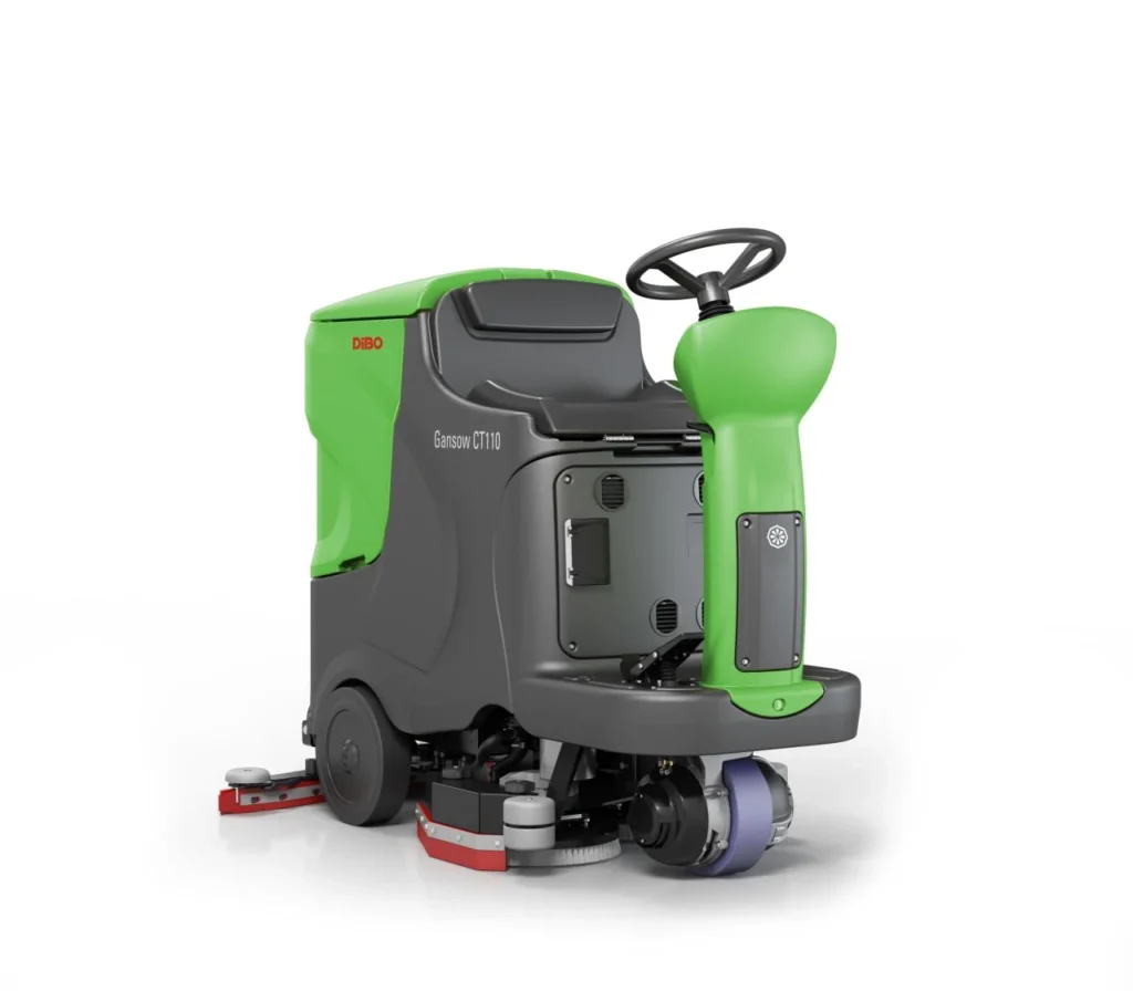 DiBo CT110 zitschrobmachine schuin van voren, met stuurwiel, zitting en de rode zuigmond achter