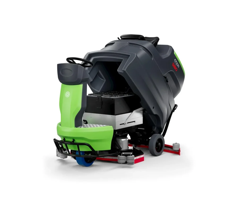 DiBo CT231 zitschrobmachine met opgetilde vuilwatertank, met zicht op het accucompartiment