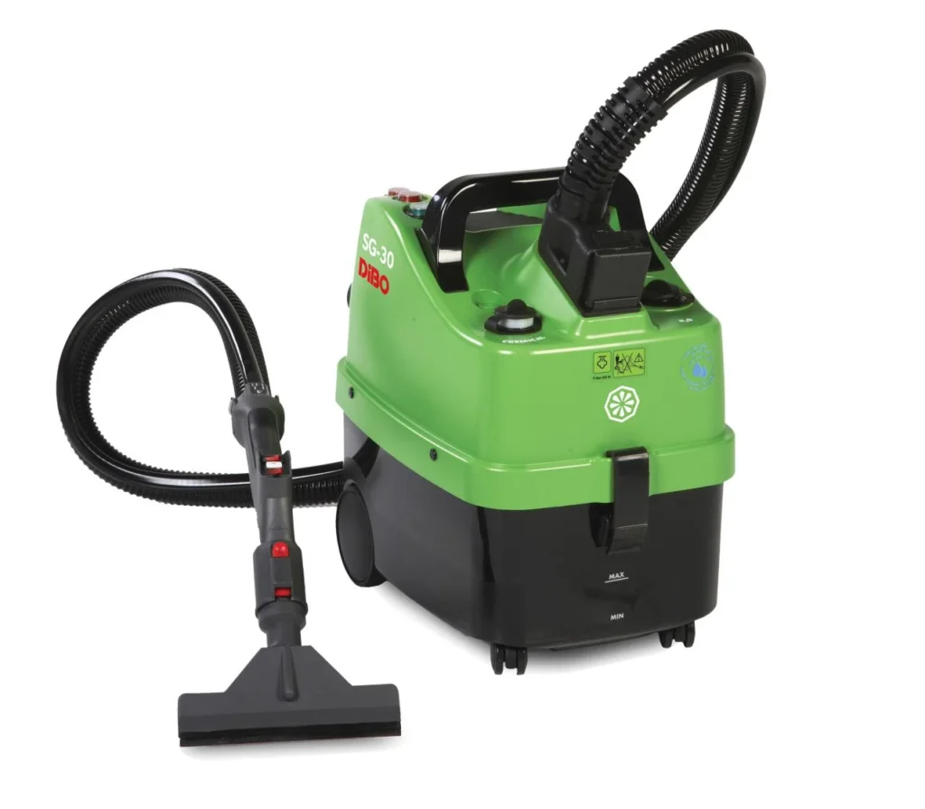 DiBo SG-30 stoomreiniger in groen en zwart, met stoom-/zuigslang en een brede vloermond