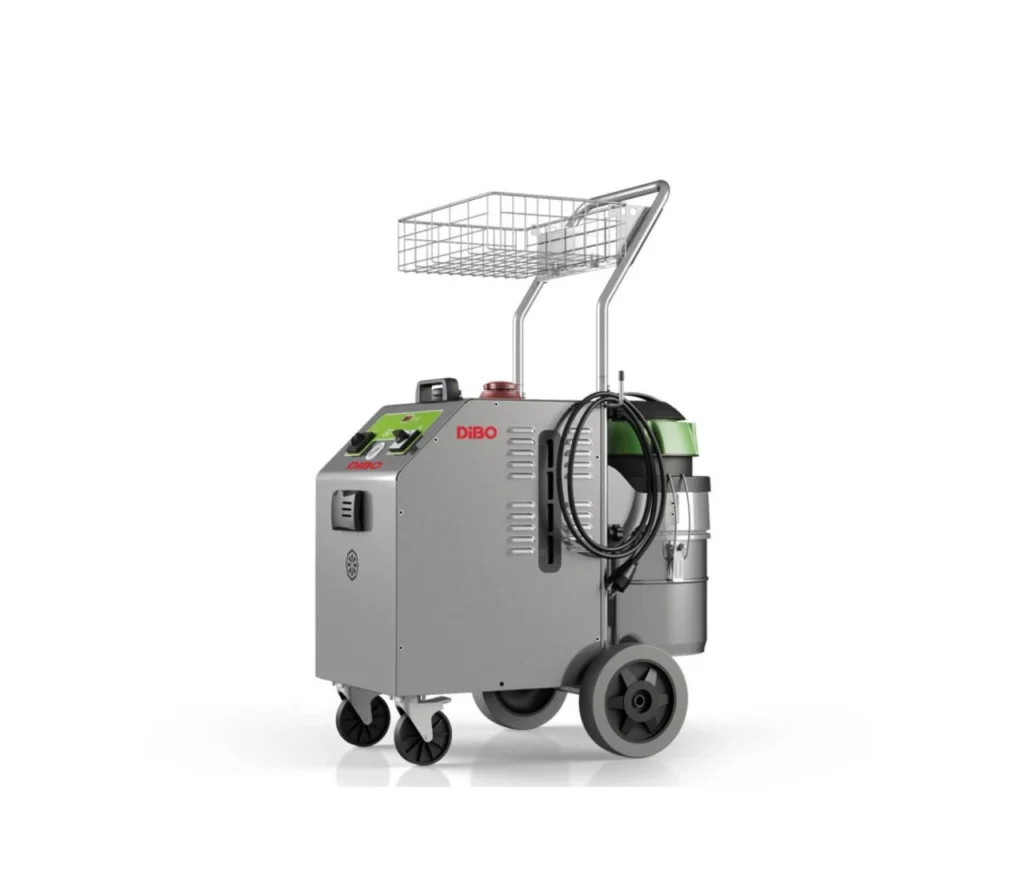 DiBo SG-48 stoomreiniger op een roestvrijstalen trolley met draadmand en zuigunit aan de zijkant