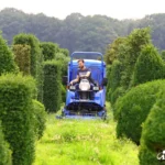 Iseki SF 237 rijdt tussen gesnoeide hagen