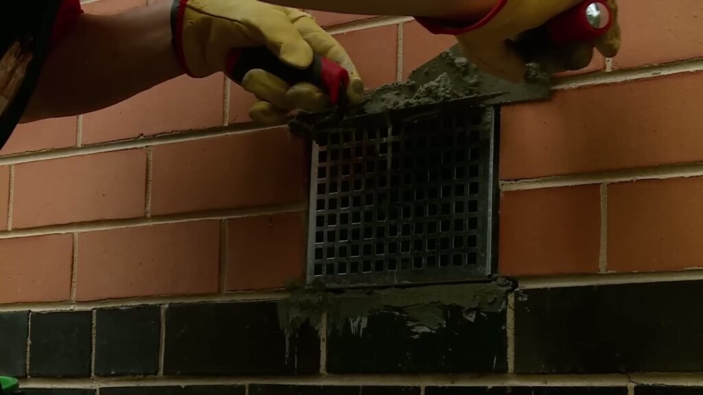 Gietijzeren ventilatierooster kiezen: een metalen rooster wordt met mortel in een bakstenen gevel gezet